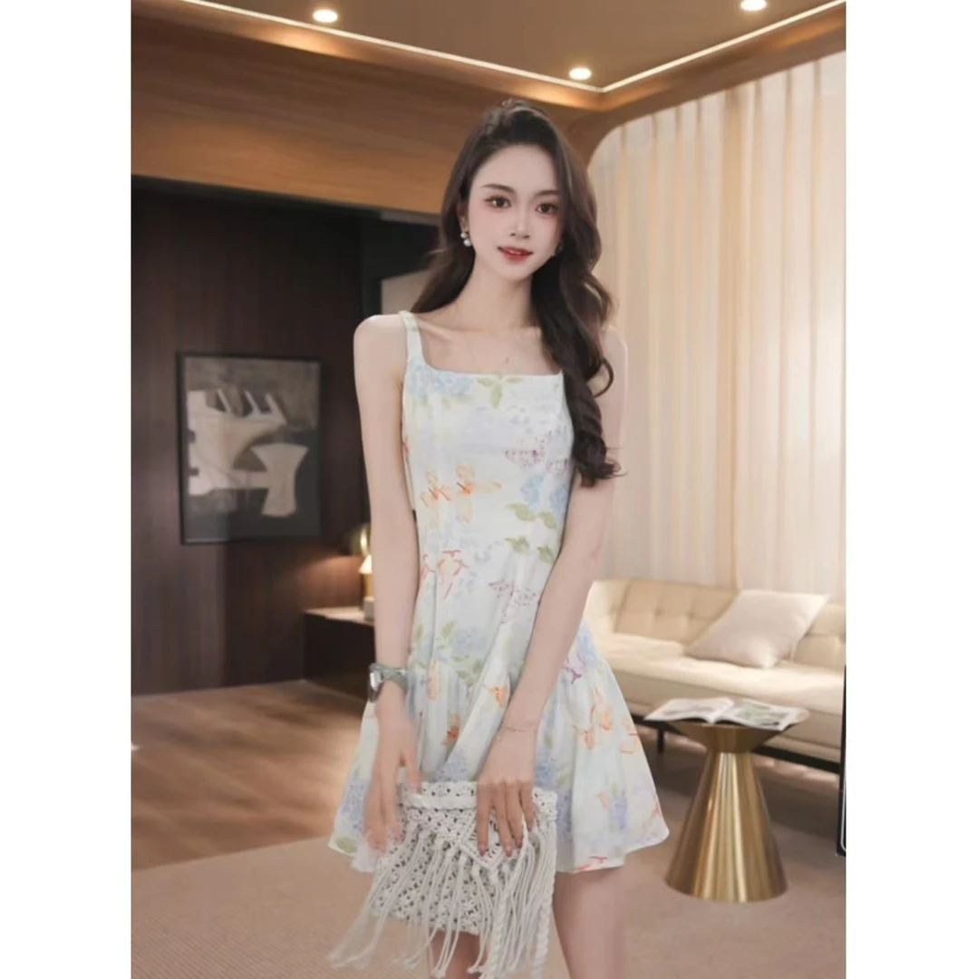 薇宝儿佳佳-【玉芙花影】夏季新款新中式优雅小清新碎花吊带连衣裙
