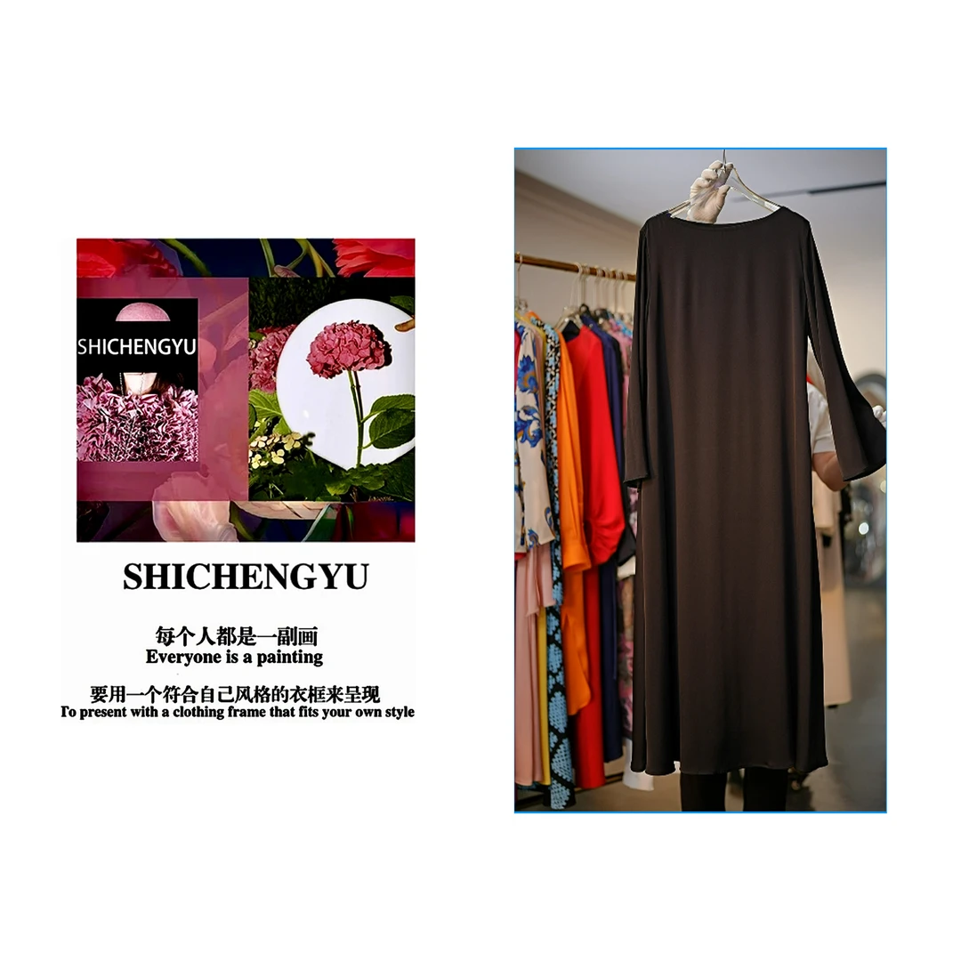 D049时尚设计师新款「黑色」纯色一字领连衣裙