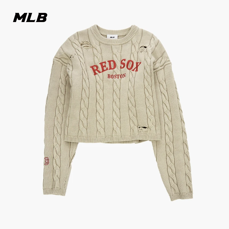 MLB官方 女款时尚复古绞花毛衣短款针织圆领套衫25秋季新款KPV03