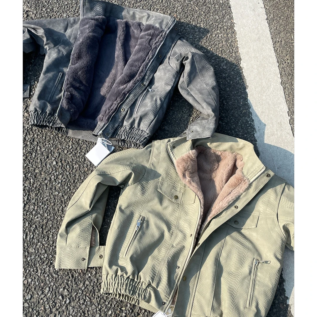 冬季仿蟒蛇纹皮夹克加绒加厚新款座山雕PU皮潮牌男外套