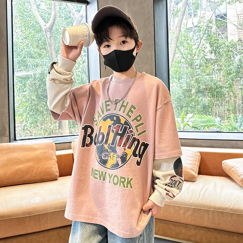 男童春季长袖T恤2025新款中大童宽松假两件卫衣男孩春装打底衫潮T