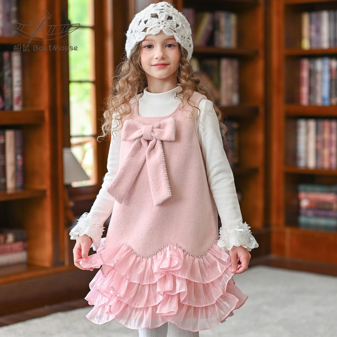 船鼠女童毛呢背心裙儿童加绒连衣裙蝴蝶结荷叶边小女孩公主裙秋冬