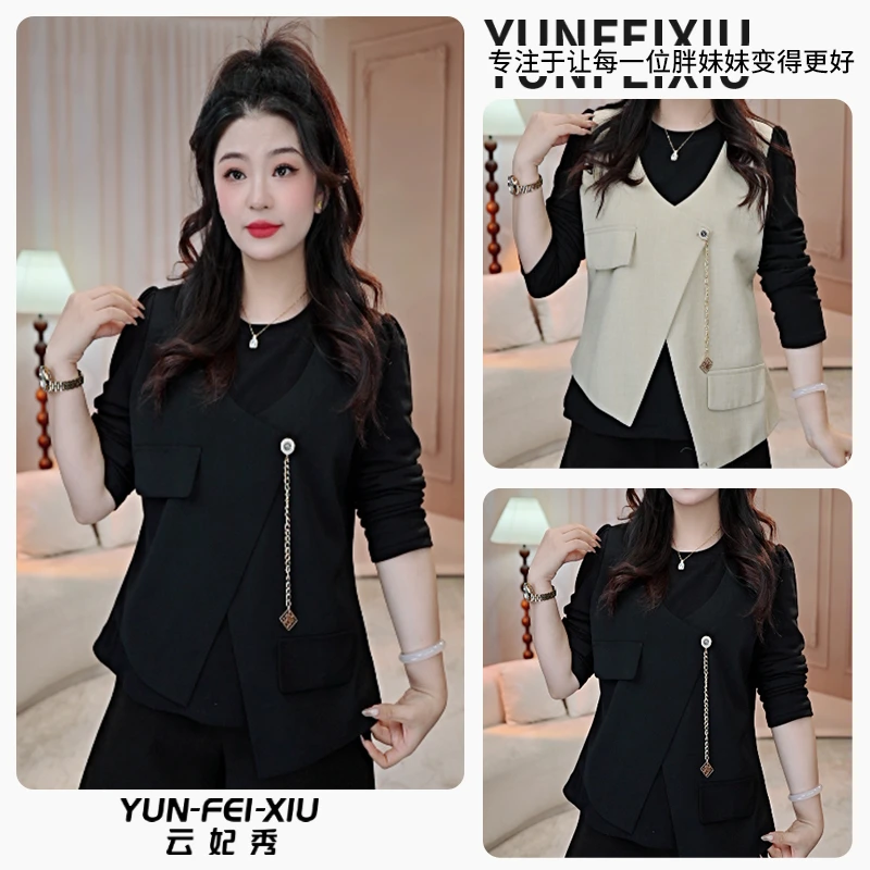云妃秀大码女装T恤显瘦休闲胖妹妹气质圆领假两件上衣春季9702