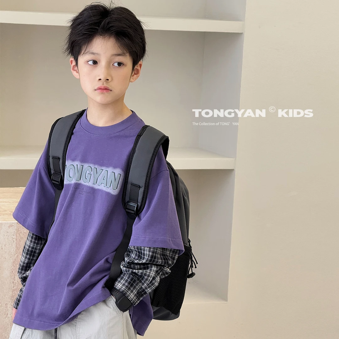 男童春装长袖T恤自制时尚中大童假两件儿童圆领帅气上衣酷TY70902