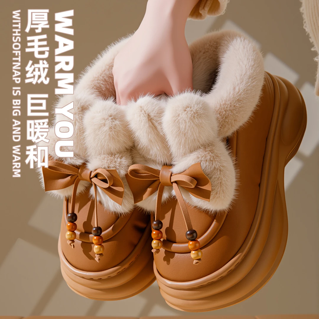 2025新款厚底包跟棉拖鞋女冬季时尚蝴蝶结居家外穿加绒保暖棉鞋