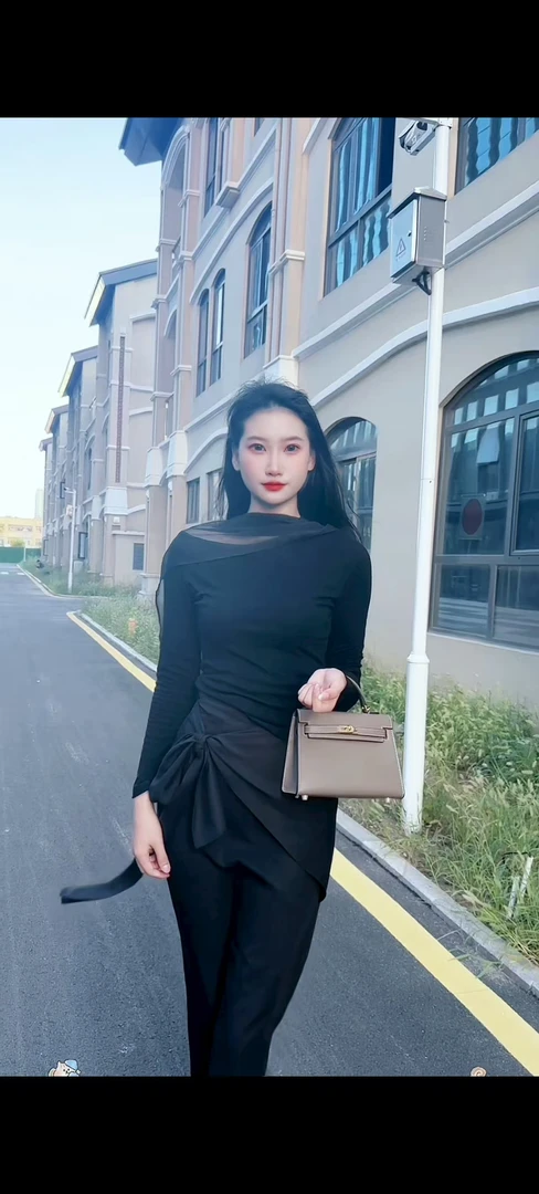 [缪斯之语]飘带气质款百搭长袖+绑带后开叉显瘦包臀半裙