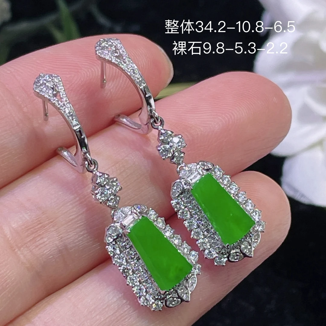 高端翡翠天然缅甸A货18k金镶嵌钻石阳绿色辣绿色满绿无事牌耳坠