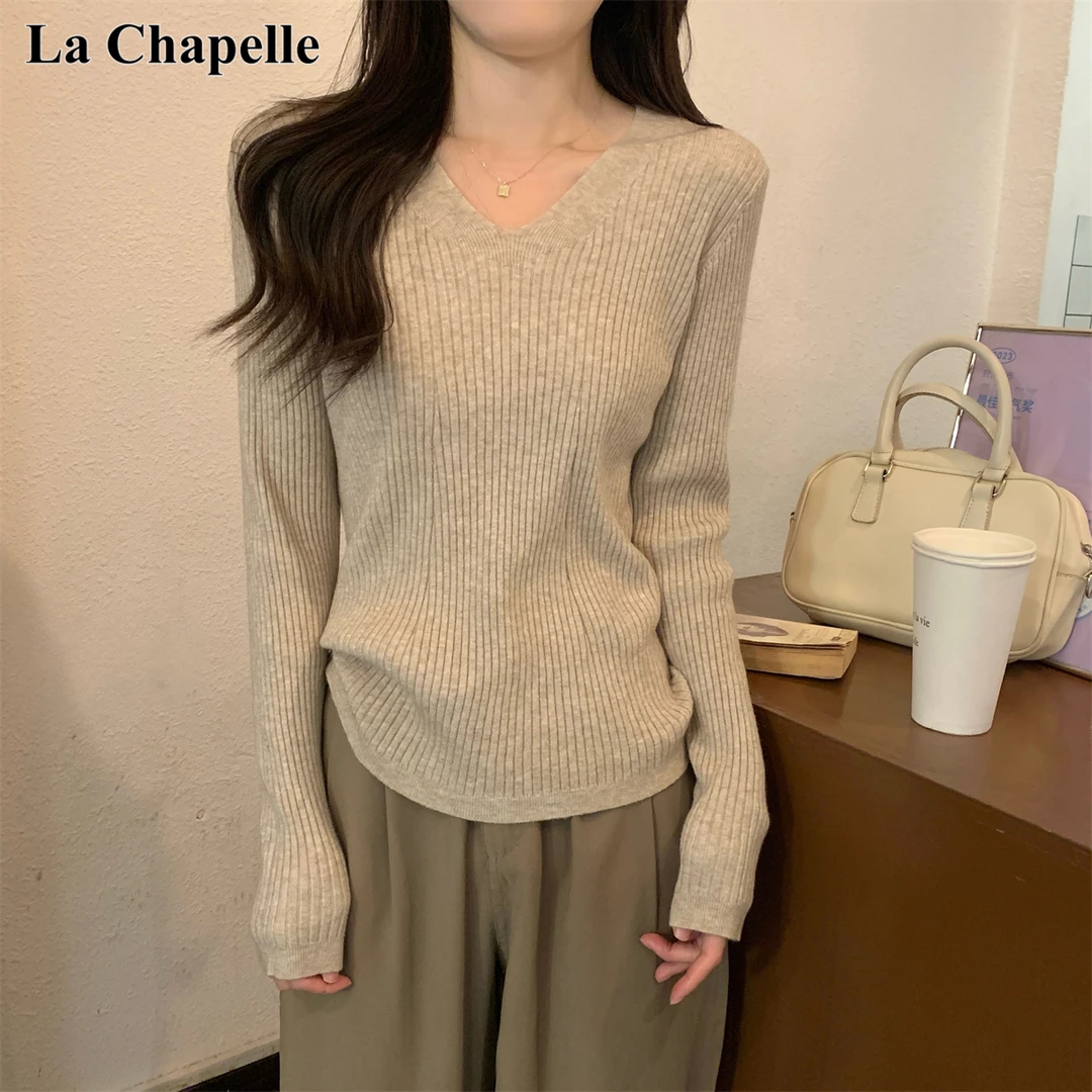 拉夏贝尔法式气质宽松V领长袖针织衫女春秋ins别致打底衫内搭毛衣