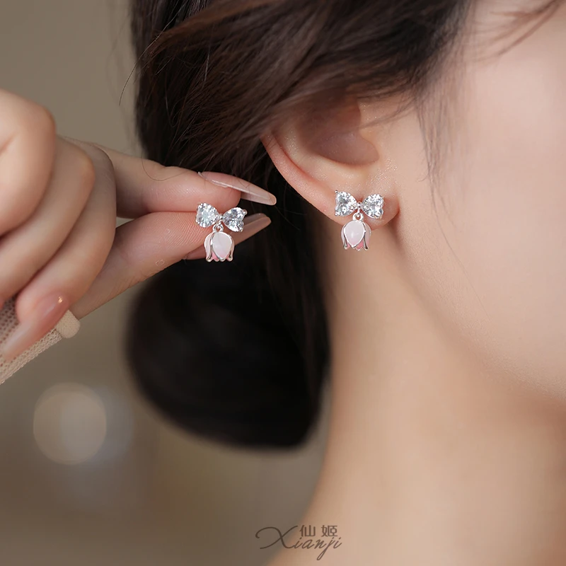 非金属陶瓷耳饰 粉色花朵蝴蝶结耳环925纯银针2025新款甜美耳钉