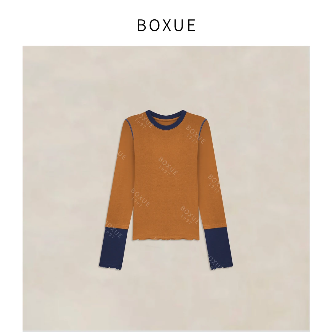 BOXUE“绪风”2025秋冬莱.赛尔羊.毛拼接拼色轻奢 T恤#251005T1111