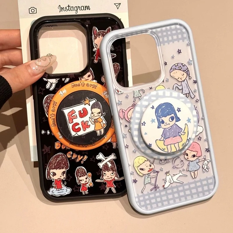 格纹星星月亮涂鸦奈良美智磁吸支架适用于iphone16promax苹果14