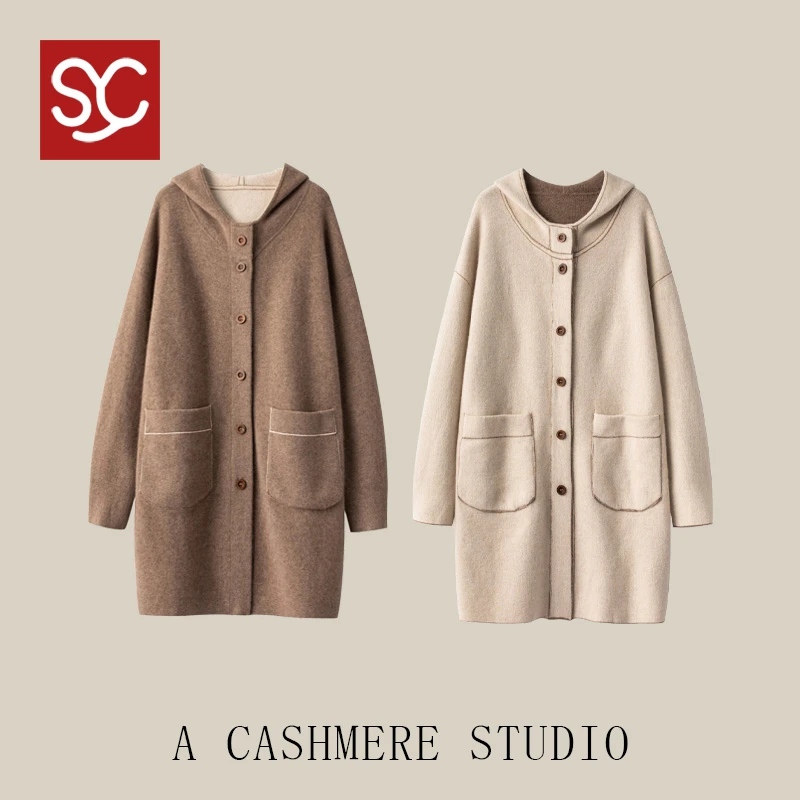 重磅加厚羊绒拼色中长款宽松羊绒大衣羊绒衫外套秋冬冬季时尚连帽