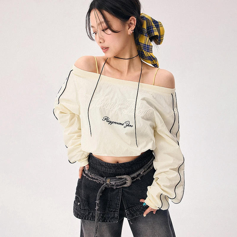 【7】CHUU字母蕾丝刺绣设计拼接露肩百搭宽松显瘦简约卫衣FHLC001Z