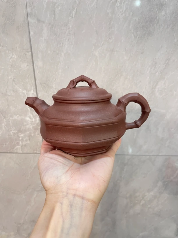 宜兴红泥正品紫砂壶原矿紫泥八方双线竹鼓紫砂壶大品半手工茶壶