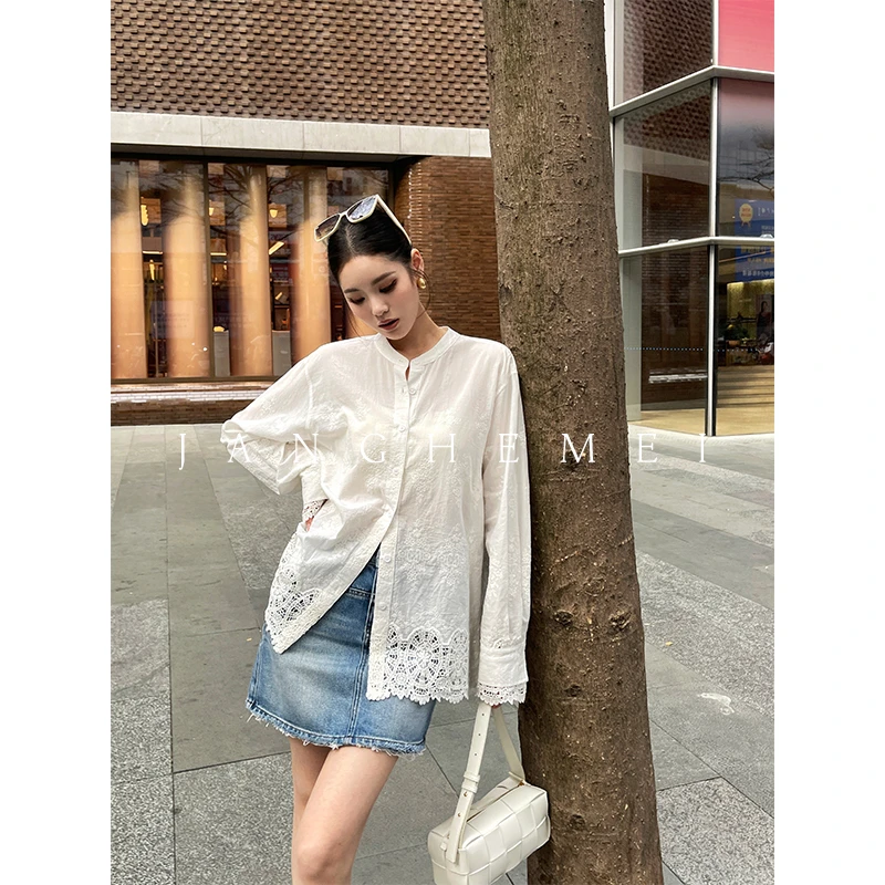JANGHEMEI【白兰】100%棉设计感长袖拼接蕾丝花边衬衫 C30400M51