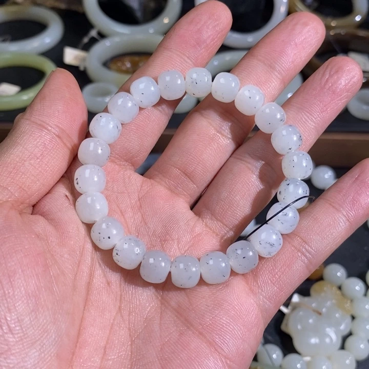 手链未镶嵌和田玉新疆和田黑山矿白玉点墨老型珠手串