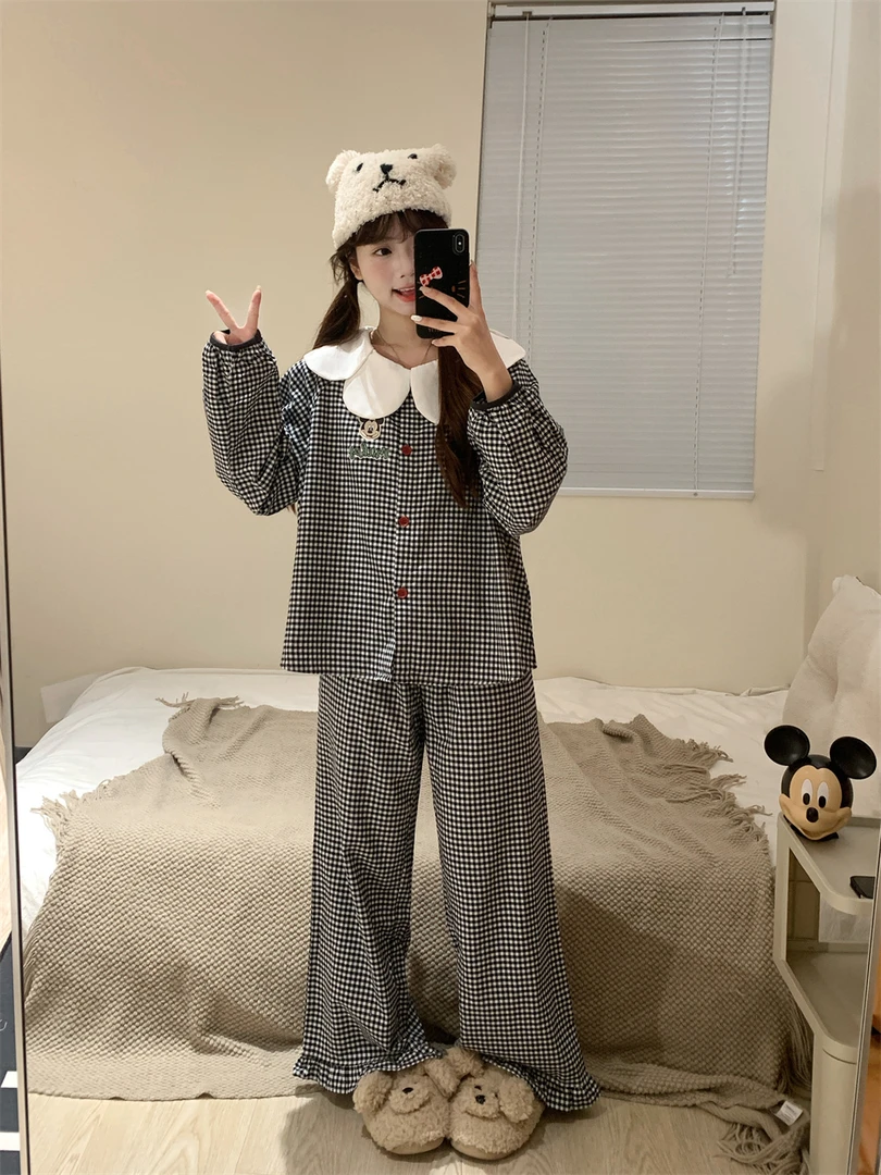 少女可爱娃娃花瓣领长袖睡衣女春秋款2025新款格子长裤居家服套装