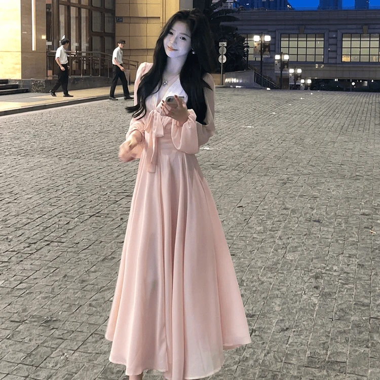 SYJ/舒衣家 法式甜美温柔V领系带长袖洋装女高级感气质度假长裙