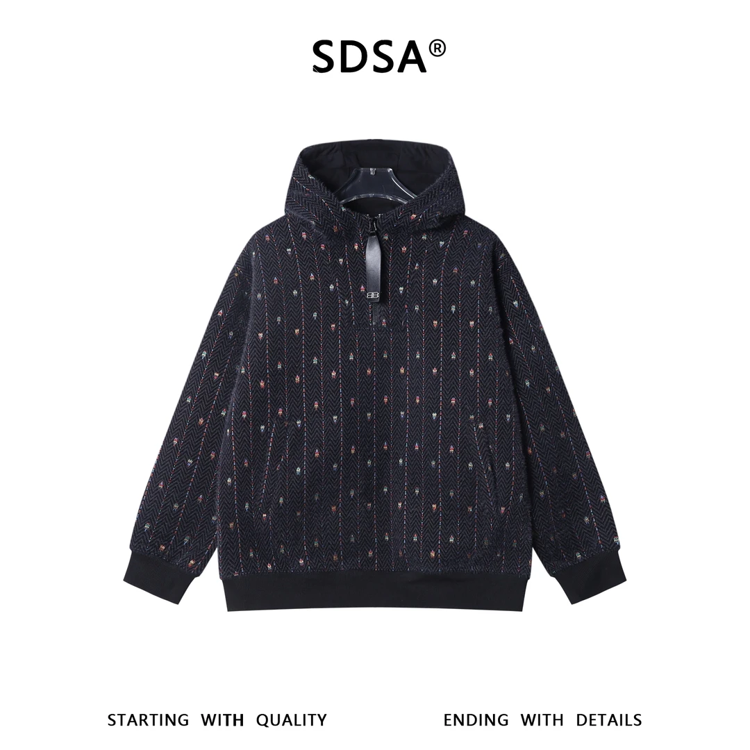 SDSA男士秋冬新款痞帅男装简约波浪线刺绣半拉链立领连帽卫衣百搭