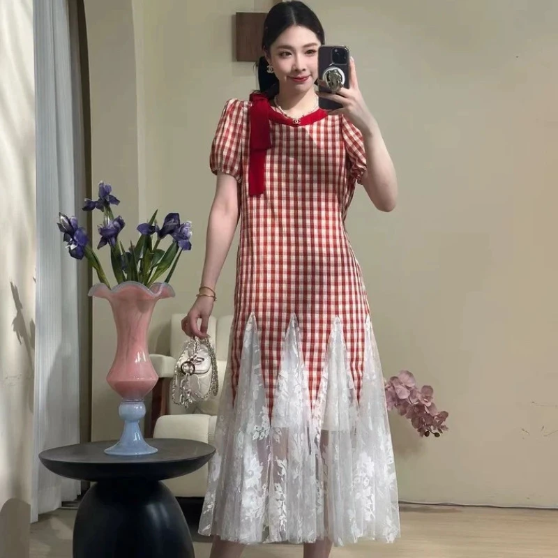 连衣裙女名媛千金长款宽松设计感格子网纱夏季长裙