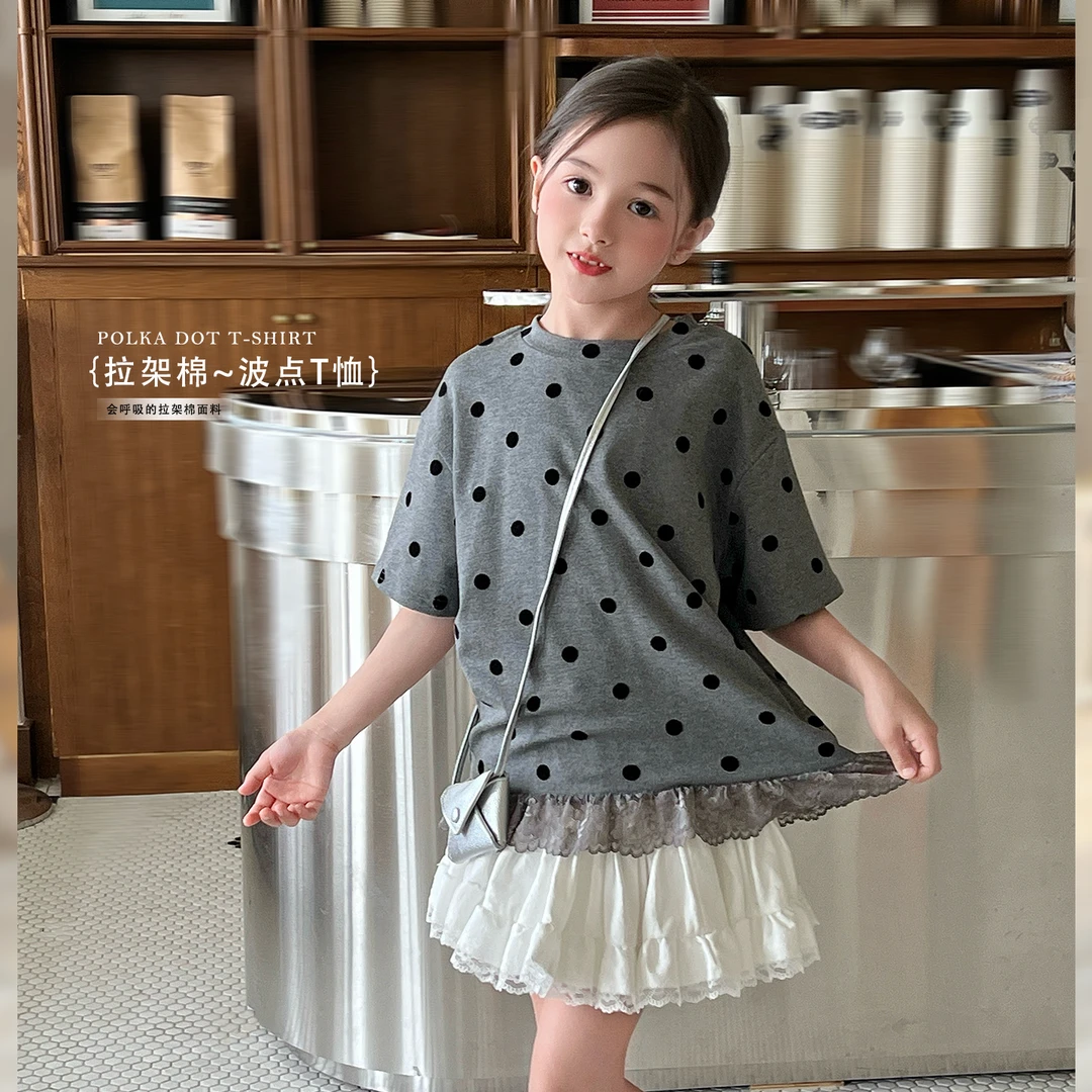 mini旦童装女童网红风短袖T恤夏季新款儿童设计感波点花边上衣潮
