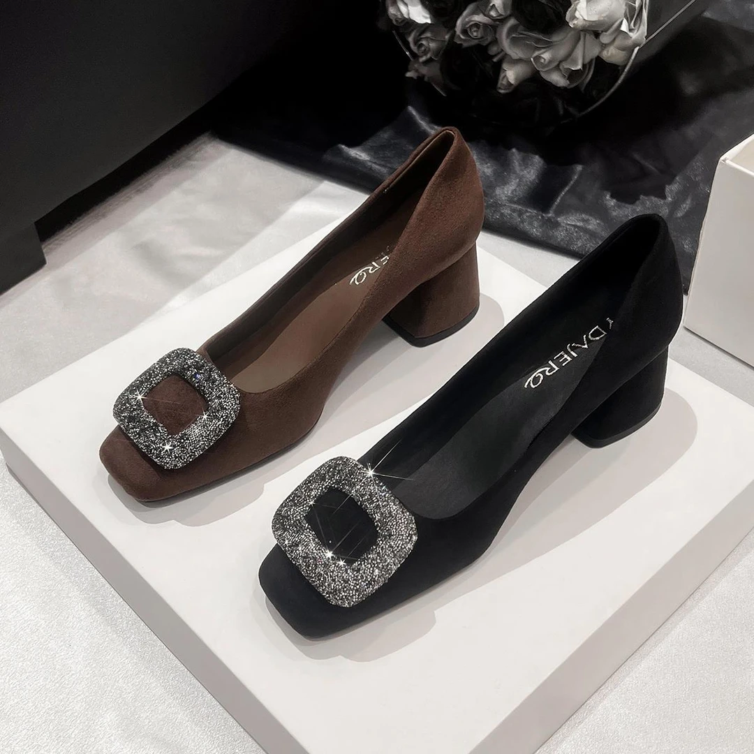 方头粗跟单鞋女鞋浅口高跟鞋子绒面水钻扣件黑色工作通勤鞋时尚