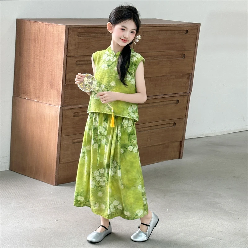 女童国风套装夏季2025新款洋气中大童汉服马面裙中式儿童绿色背心