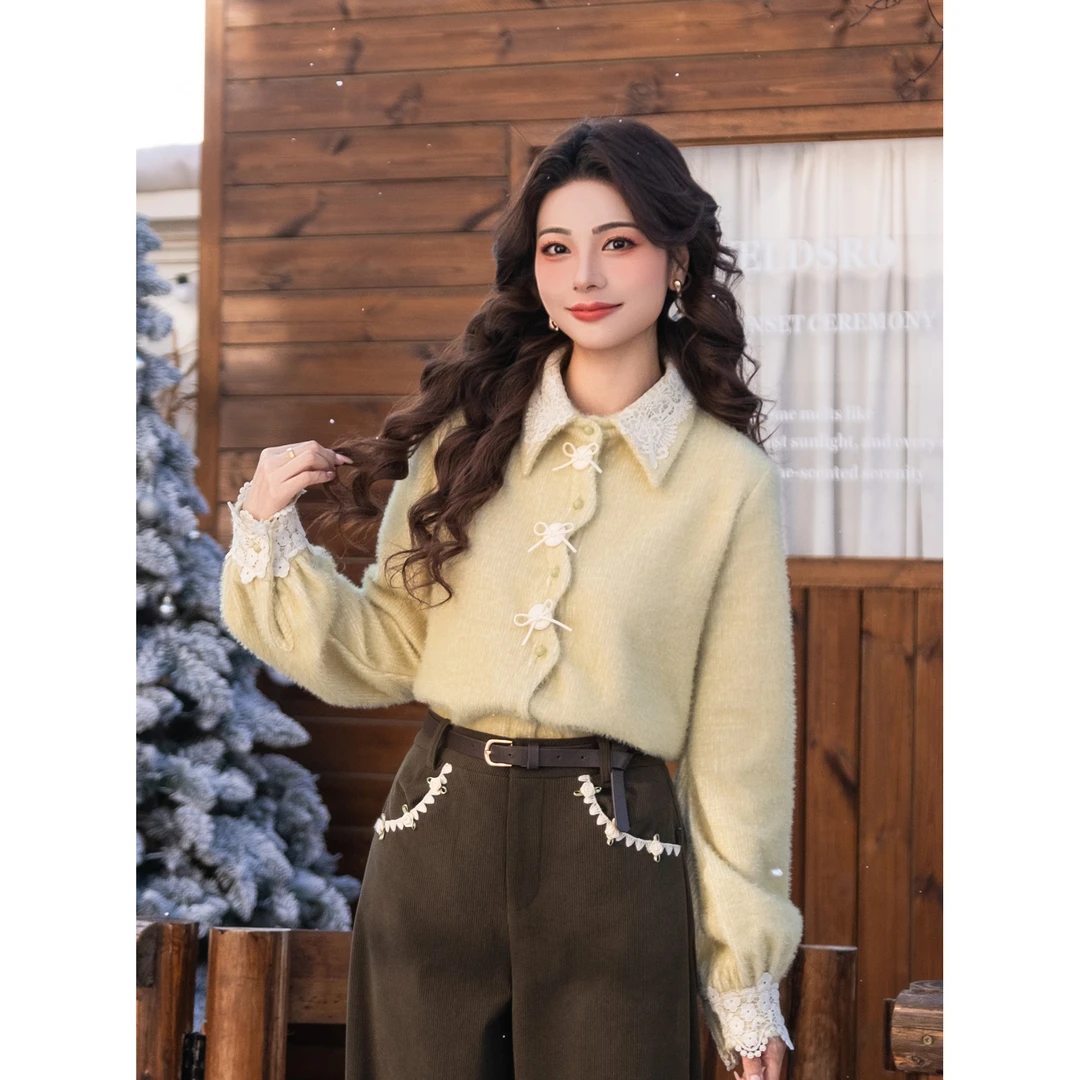 LIJIUJIU【雪涧青芜】秋冬气质百搭复古风厚雪貂绒衬衫YX2511229