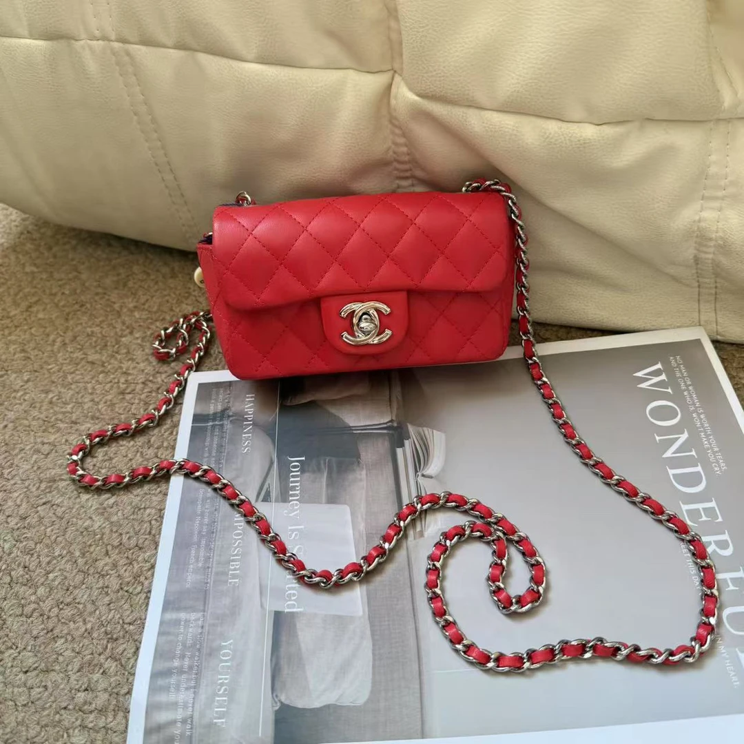 99新 Chanel/香奈儿 Chanel 红银羊皮 extramini链条包/659929783