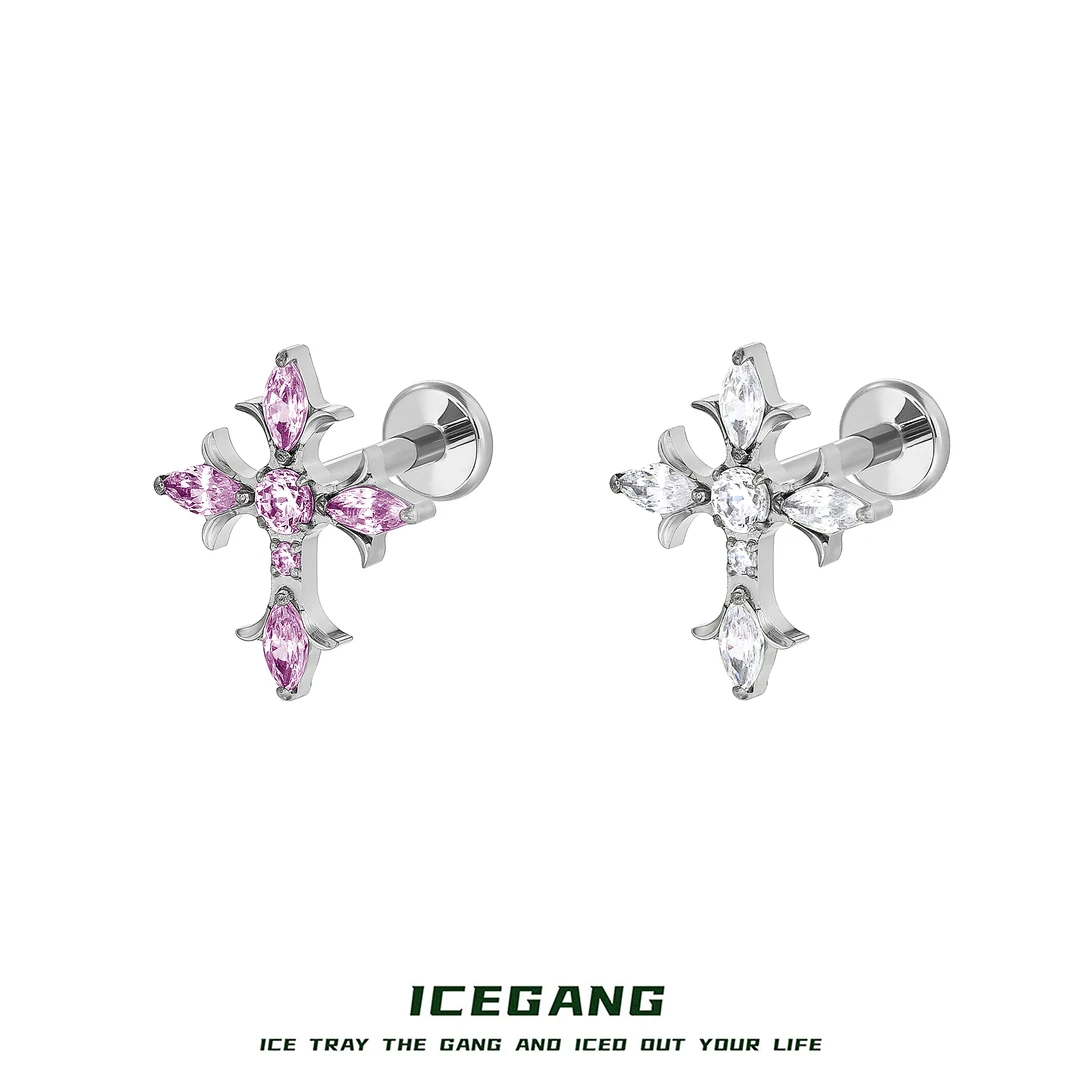 ICEGANG 钛合金合成锆石耳饰 复古鸢尾花十字架耳钉 F136钛合金