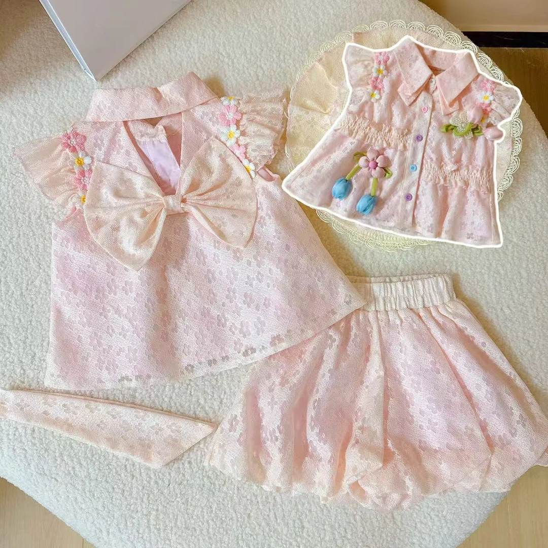 女童夏季国潮风冰丝背心短裤套装2025新款儿童新中式马甲提花套装