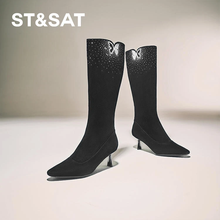 星期六24冬新法式优雅水钻蝴蝶细高跟尖头长筒靴SSC4117422