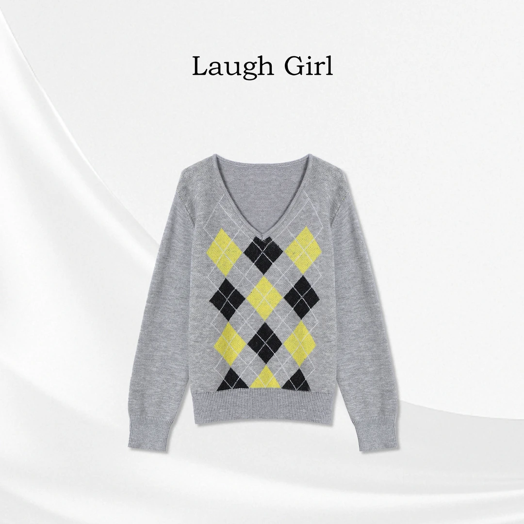 楚楚君 Laugh girl【甜奏菱格】时尚V领菱形格针织毛衣XL531013J