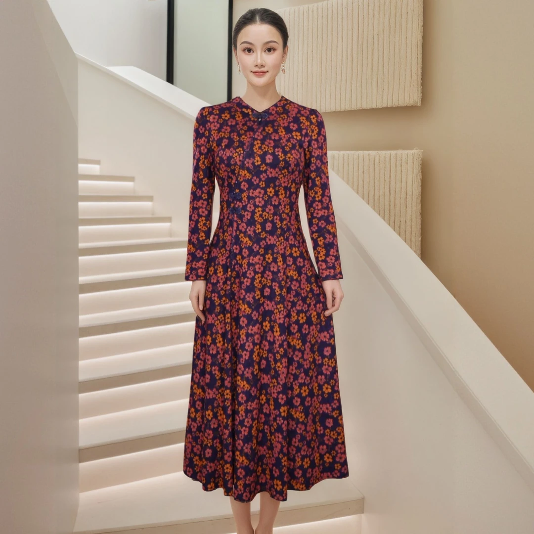 【妙莱悦花棕】秋冬季新中式气质洋气爆款妈妈装连衣裙简约大气轻奢