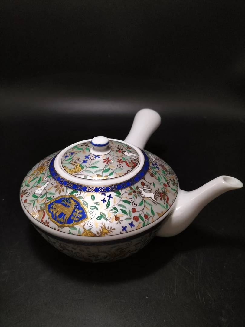 蓝字款兔鹿祥瑞侧把壶 球形过滤口01/16陶瓷描金彩陶复古家用