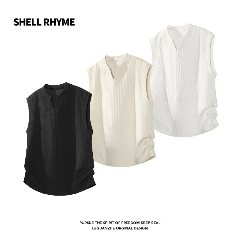 SHELL RHYME美式凉感V领褶皱背心男款夏季薄款无袖T恤运动汗衫