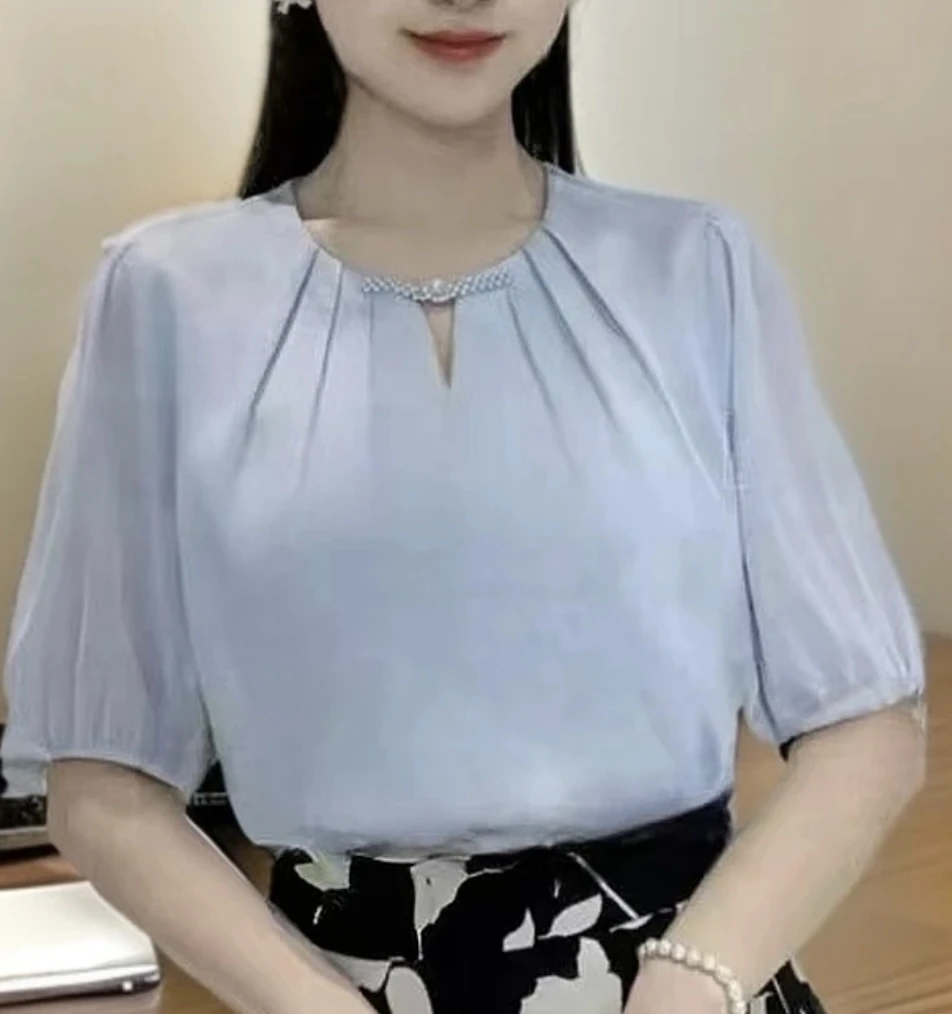 缎面拼接袖子雪纺五分袖女士衬衫百搭盘扣衬衫3