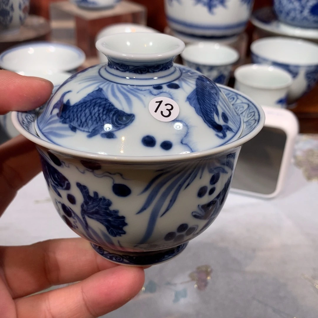 杯子大*13青花鱼藻盖碗一只