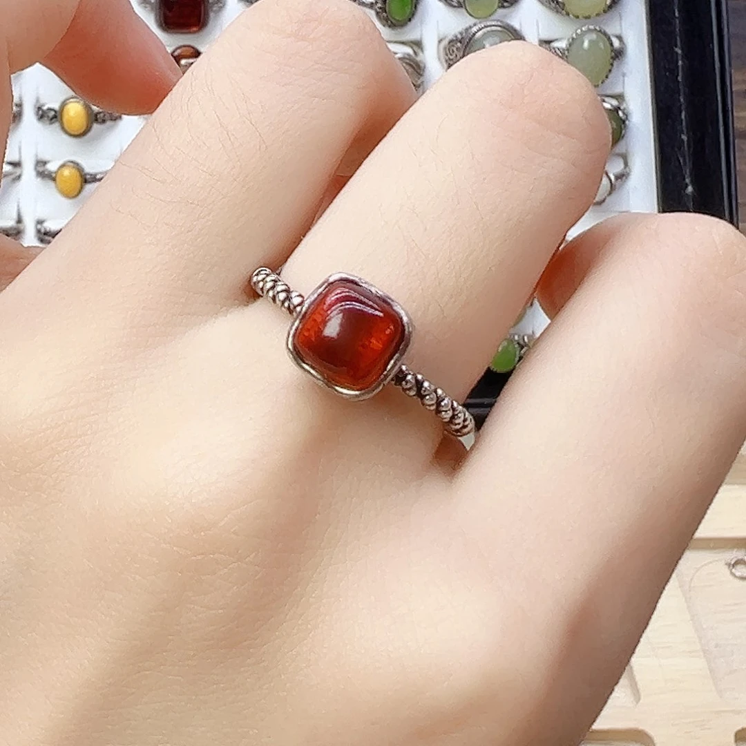 血珀银S925镶嵌戒指，