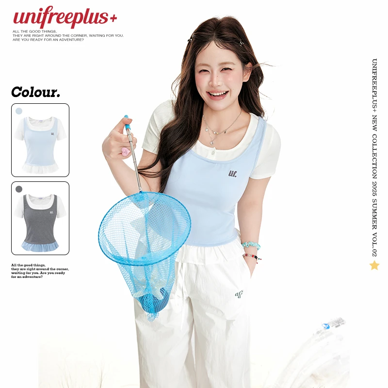 unifreeplus+【25年夏】大码韩版假两件短袖T恤女撞色拼接百搭上衣