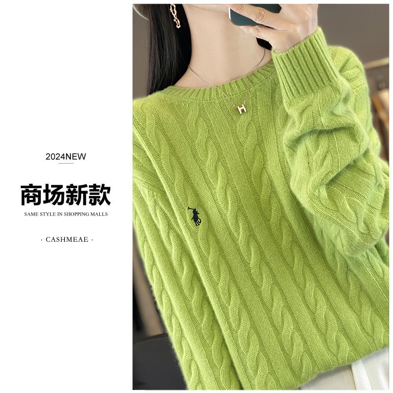 商场同款 重磅加厚纯羊毛圆领英伦麻花慵懒风套头外穿针织衫24155