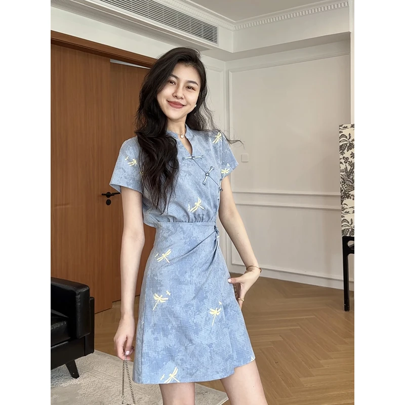 张阿星【蓝梦裳】新中式国风盘扣气质显白淡雅收腰修身设计感连衣裙