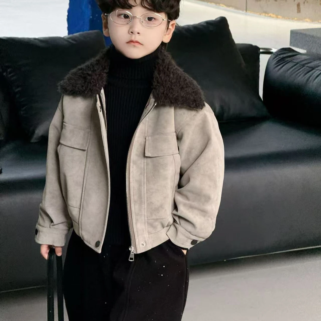 男童加绒皮衣毛领加厚2025冬季新款保暖中大童皮夹克韩版短款帅气