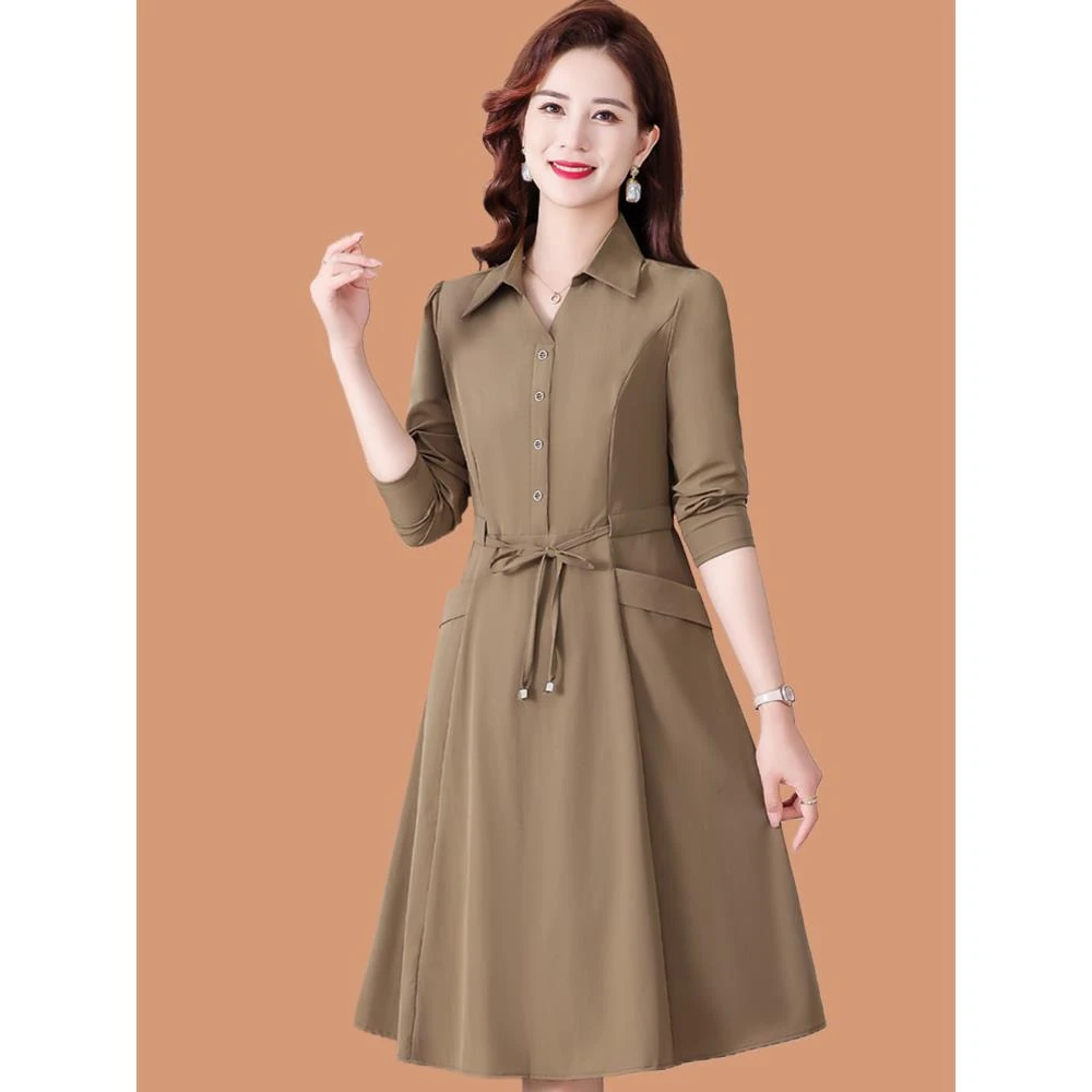 彩羊2025年春夏新款气质妈妈衬衫领连衣裙收腰显瘦洋气百搭长裙
