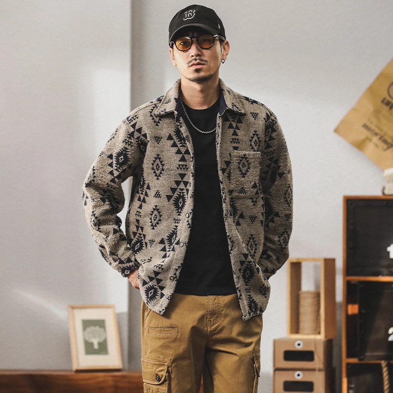 美式重磅仿羊毛提花衬衫男欧洲站痞帅休闲外套春秋季宽松长袖衬衣