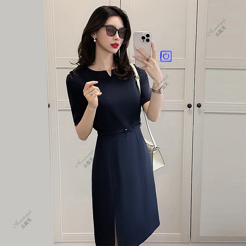 通勤夏季X型裙U型领A字裙连衣裙小众收腰裙子时尚长款法式