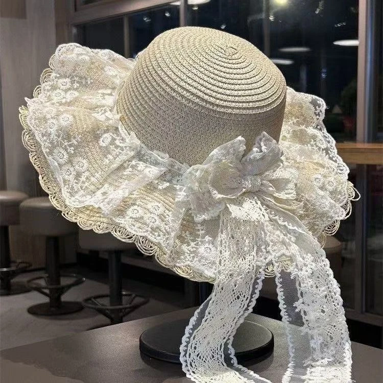 蕾丝蝴蝶结洛丽塔大帽檐遮阳草帽女夏季新款帽海边度假沙滩太阳帽