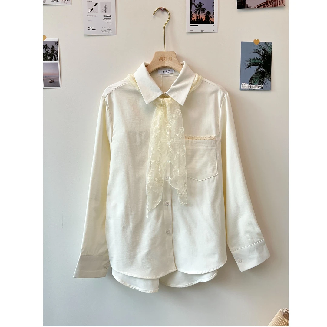 轻熟风别致绝美长袖衬衫女设计感配蕾丝围巾内搭外穿衬衣显瘦气质