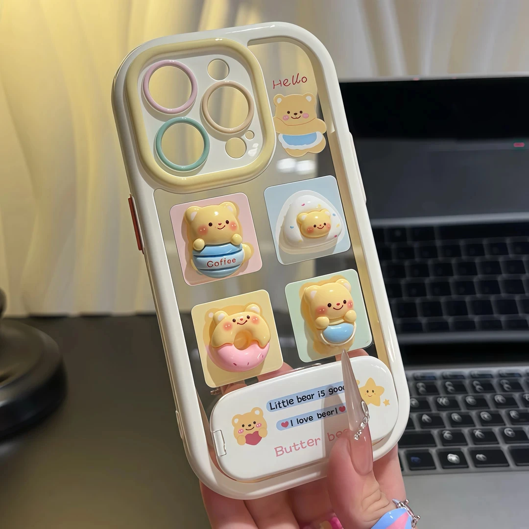 黄油小熊镜面支架适用苹果16手机壳iPhone15女小米14vivo华为oppo