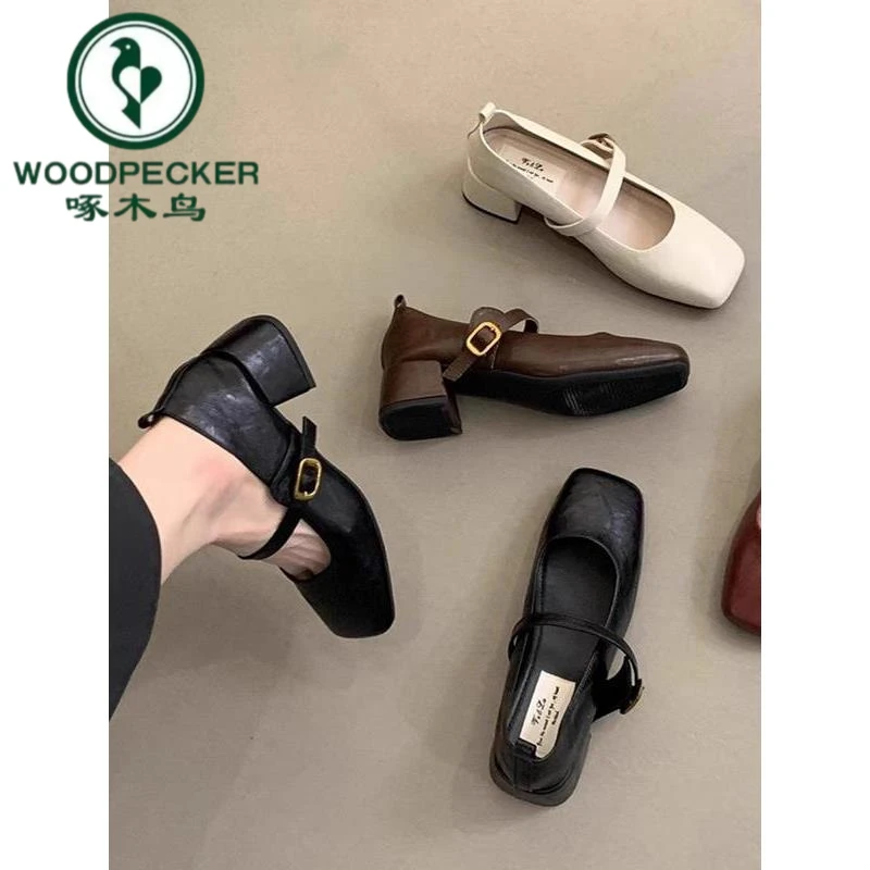 啄木鸟法式晚晚风单鞋女款2025新款春秋复古方头浅口玛丽珍小皮鞋